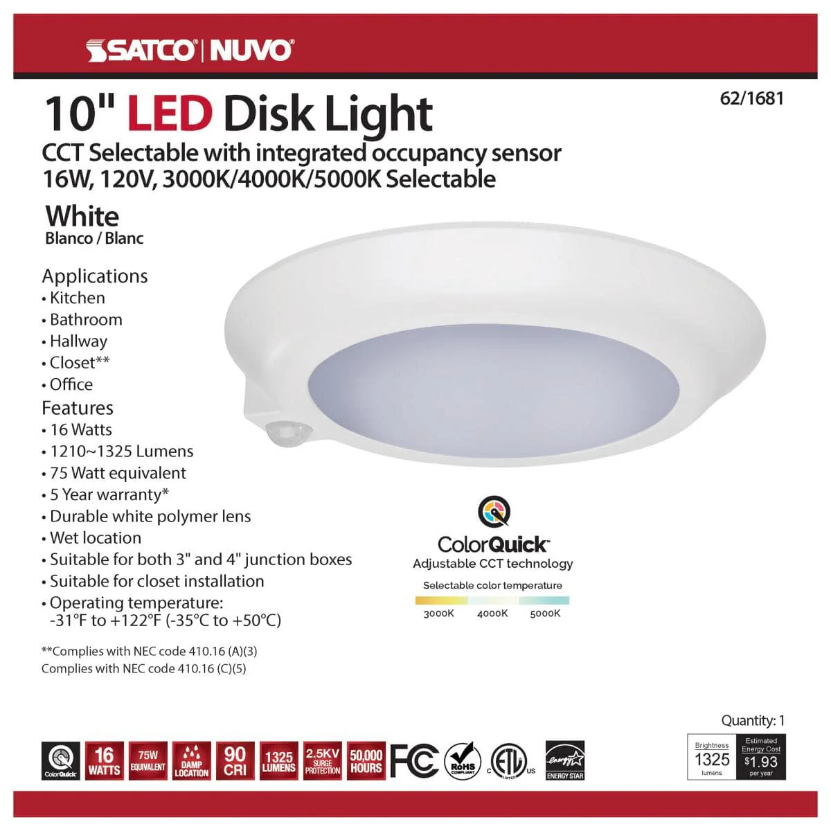 10 in.; LED Disk Light; CCT Selectable 3K/4K/5K; With Occupancy Sensor; White Finish - Image 2