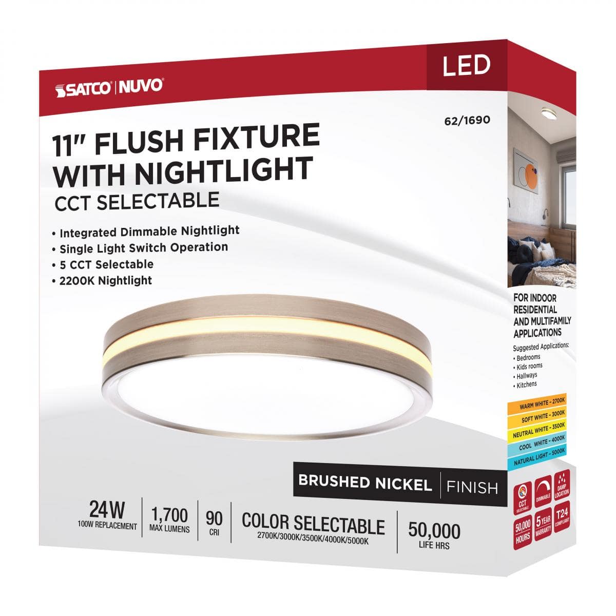 11 Inch Surface Mount with Night Light; 5 CCT Selectable; Brushed Nickel Finish - Image 3