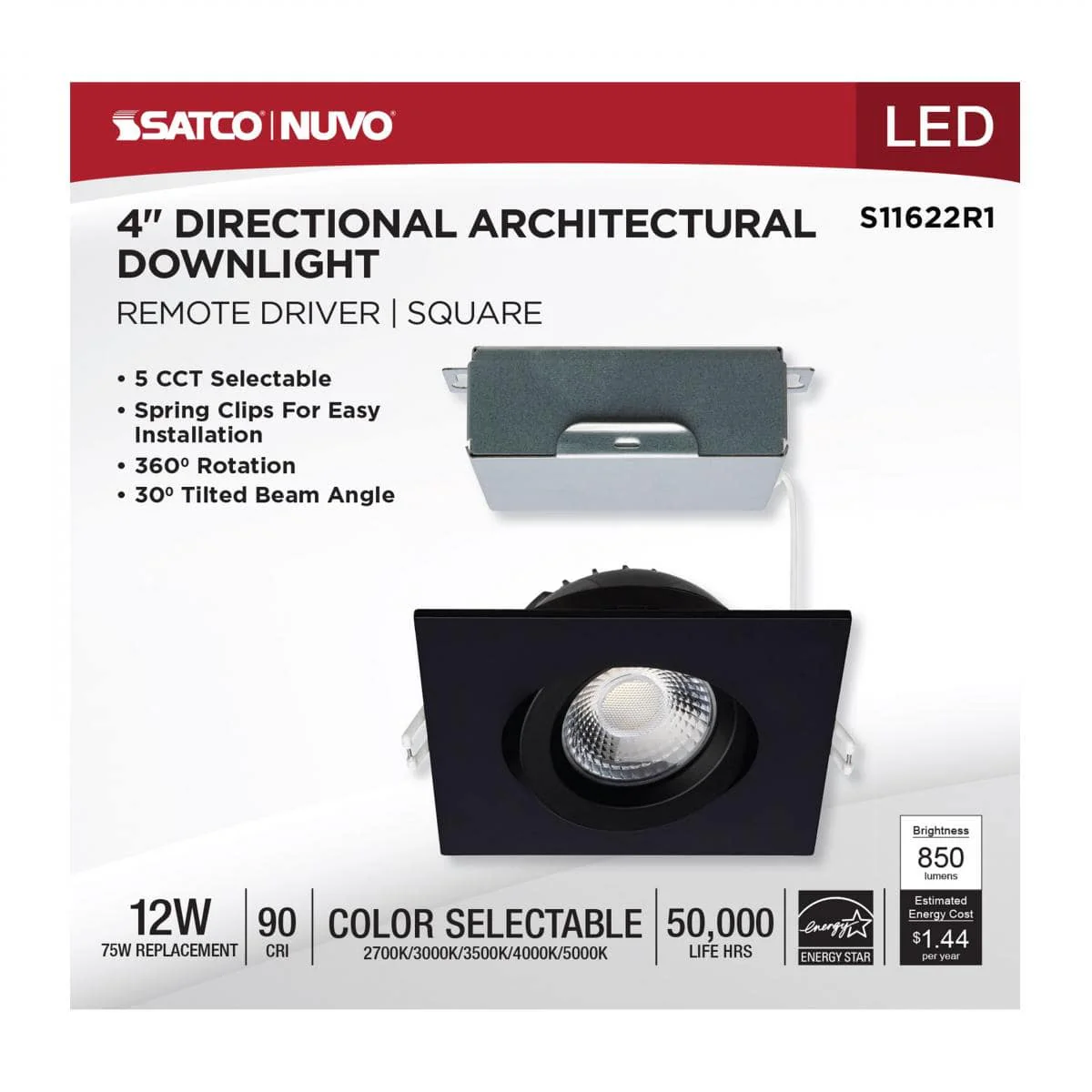12 Watt LED Direct Wire Downlight; Gimbaled; 4 Inch; CCT Selectable; Square - Image 5