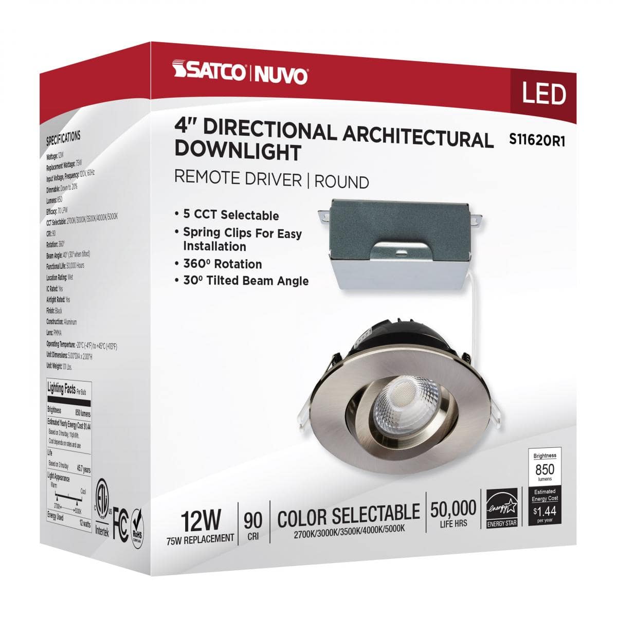 12 Watt LED Downlight; Gimbaled; 4 Inch; CCT Selectable; Brushed Nickel Finish; 850 Lumens - Image 2