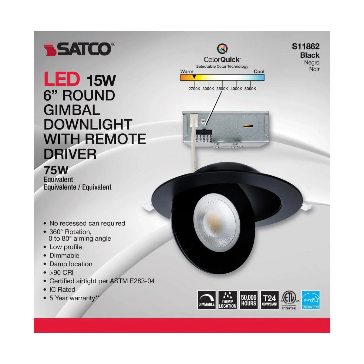15 Watt; CCT Selectable; LED Direct Wire Downlight; Gimbaled; 6 Inch Round; Remote Driver; Black - Image 3