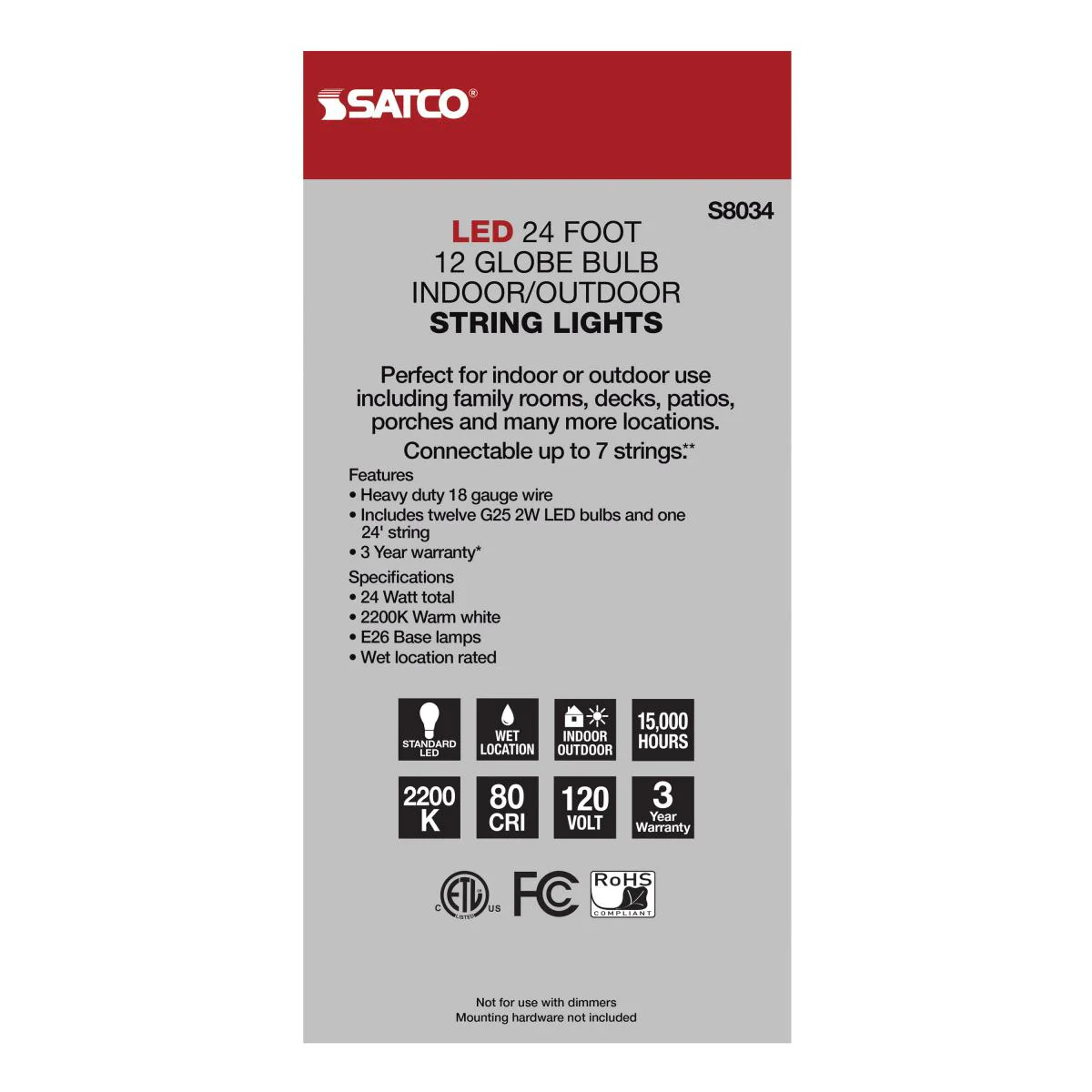 24Ft; LED String Light; Includes 12-G25 bulbs; 2200K; 120 Volts - Image 3
