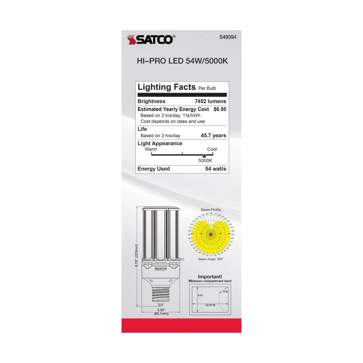 54 Watt LED HID Replacement; 5000K; Extended Mogul base; Type B Ballast Bypass; Economy Hi-Pro - Image 3