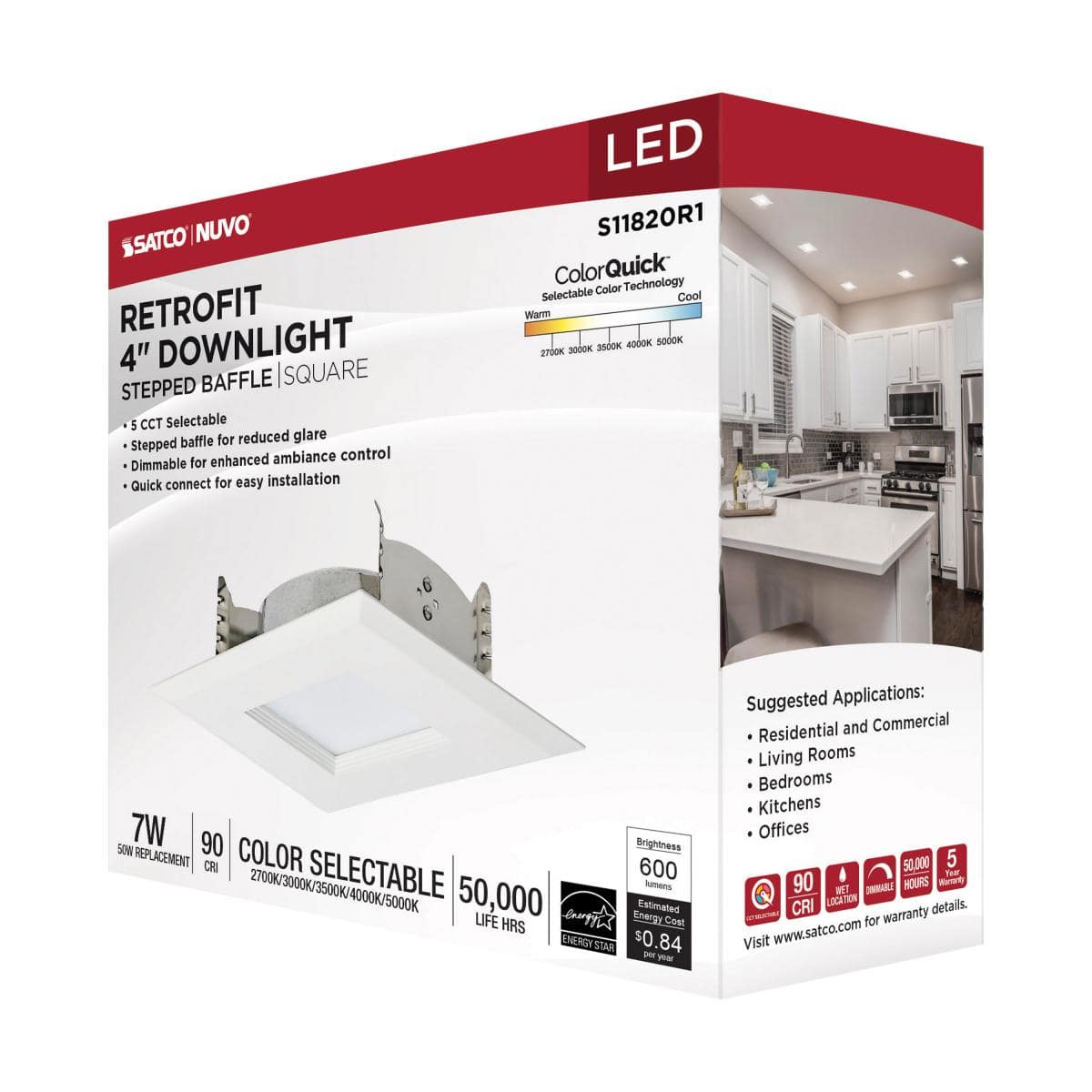 6.7 Watt LED Downlight Retrofit; 4 Inches; CCT Selectable; Square; White Finish; 120 Volt - Image 3