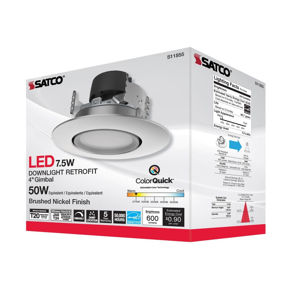 7.5 Watt; LED Retrofit Downlight; Gimbaled; 120 Volt; CCT Selectable; Brushed Nickel Finish - Image 2