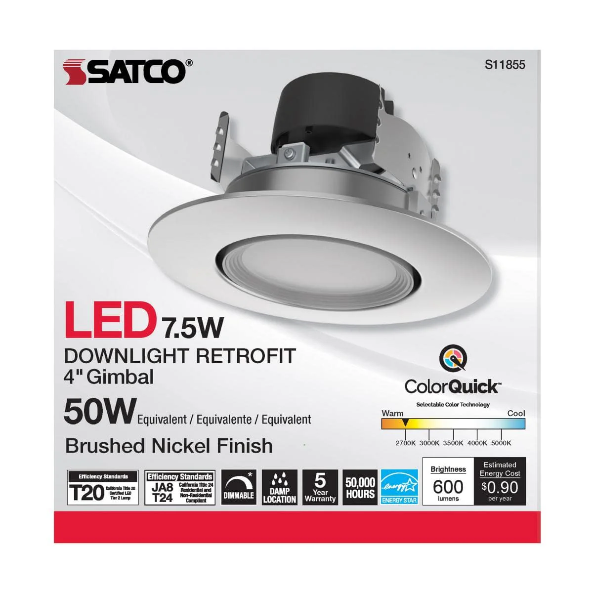 7.5 Watt; LED Retrofit Downlight; Gimbaled; 120 Volt; CCT Selectable; Brushed Nickel Finish - Image 3