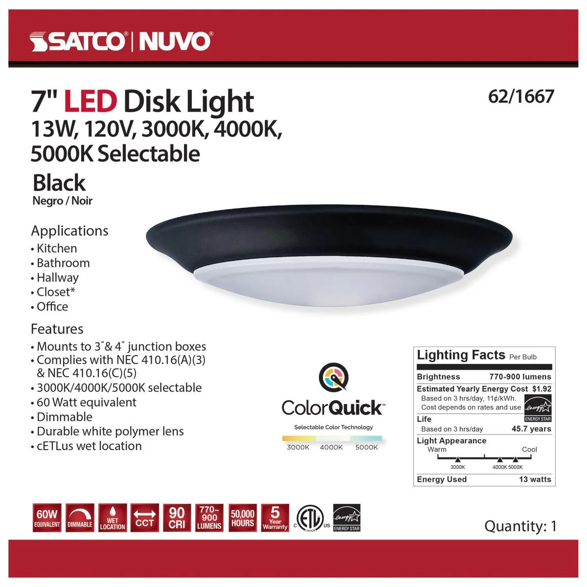7 inch; LED Disk Light; CCT Selectable 3K/4K/5K; Black Finish - Image 2