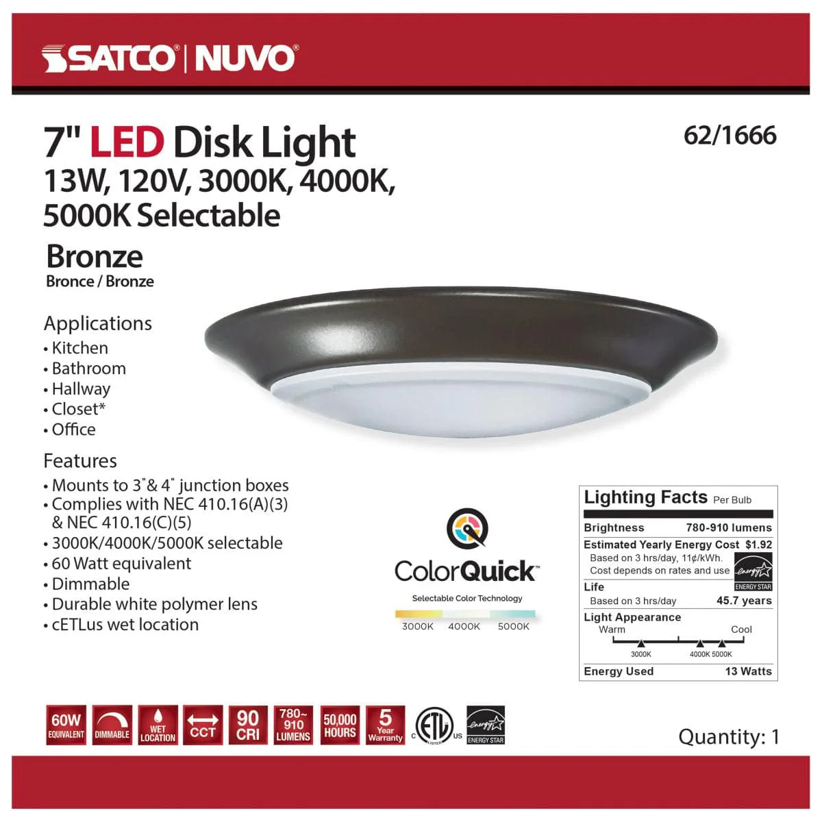 7 inch; LED Disk Light; CCT Selectable 3K/4K/5K; Bronze Finish - Image 2