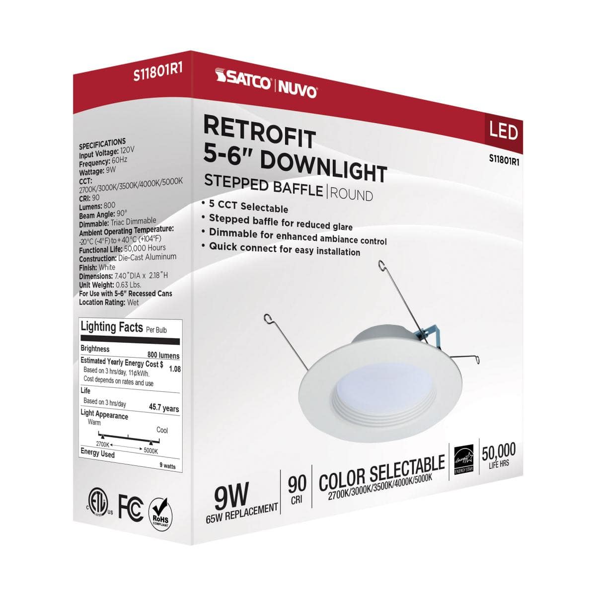 9 Watt LED Downlight Retrofit; 5-6 Inches; CCT Selectable; Round; White Finish; 120 Volt - Image 4