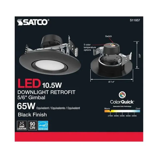 Black 10.5 Watt LED 5/6 Inch Downlight; Gimbaled; 120 Volt; CCT Selectable - Image 3