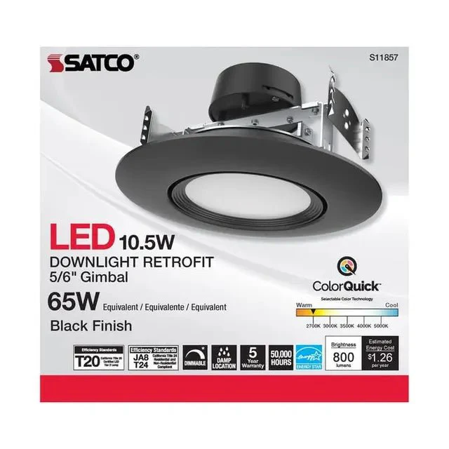Black 10.5 Watt LED 5/6 Inch Downlight; Gimbaled; 120 Volt; CCT Selectable - Image 4
