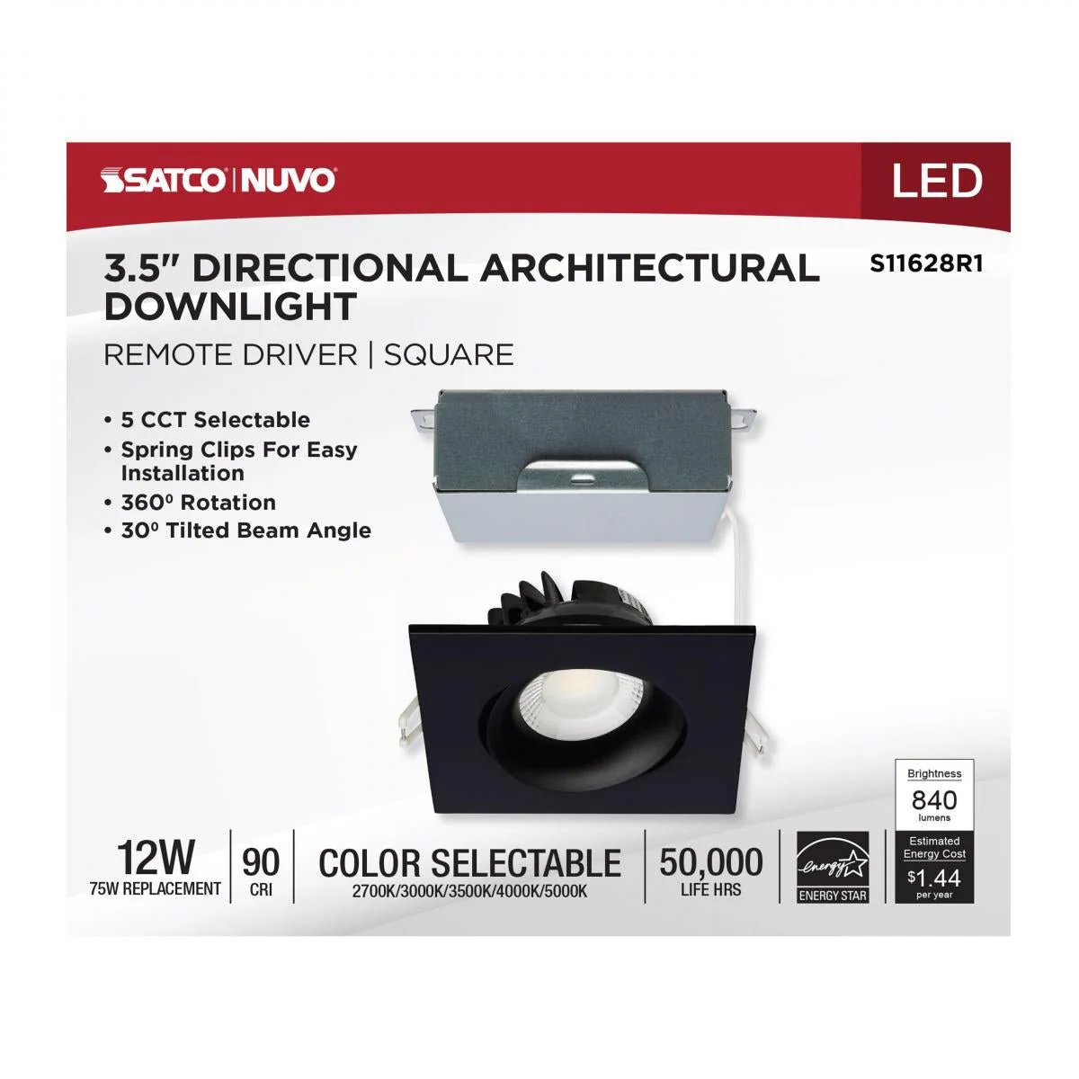 Black 12 Watt LED Direct Wire Downlight; Gimbaled; 3.5 Inch; CCT Selectable - Image 3