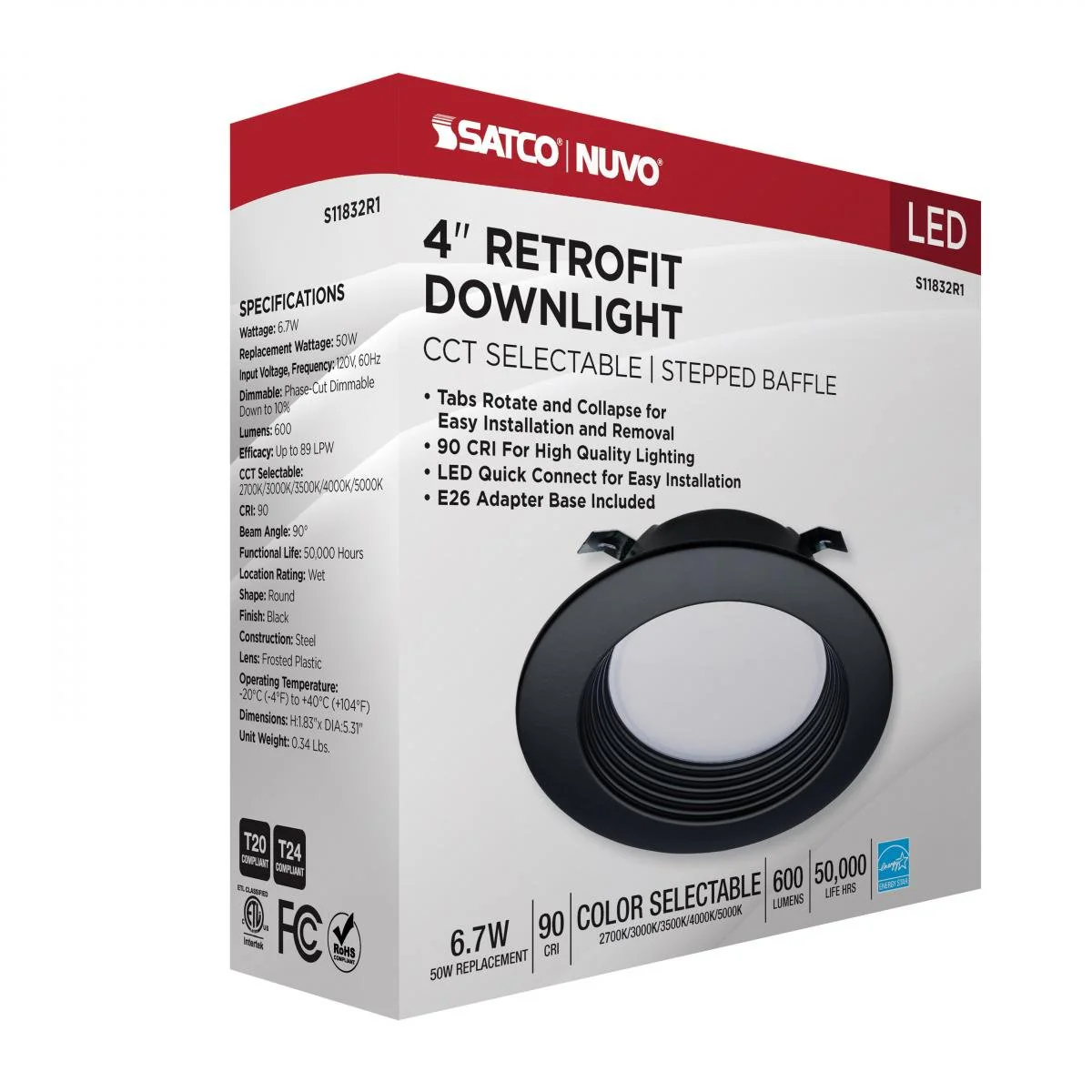 Black 6.7 Watt; LED Downlight Retrofit; 4 Inch; CCT Selectable - Image 3