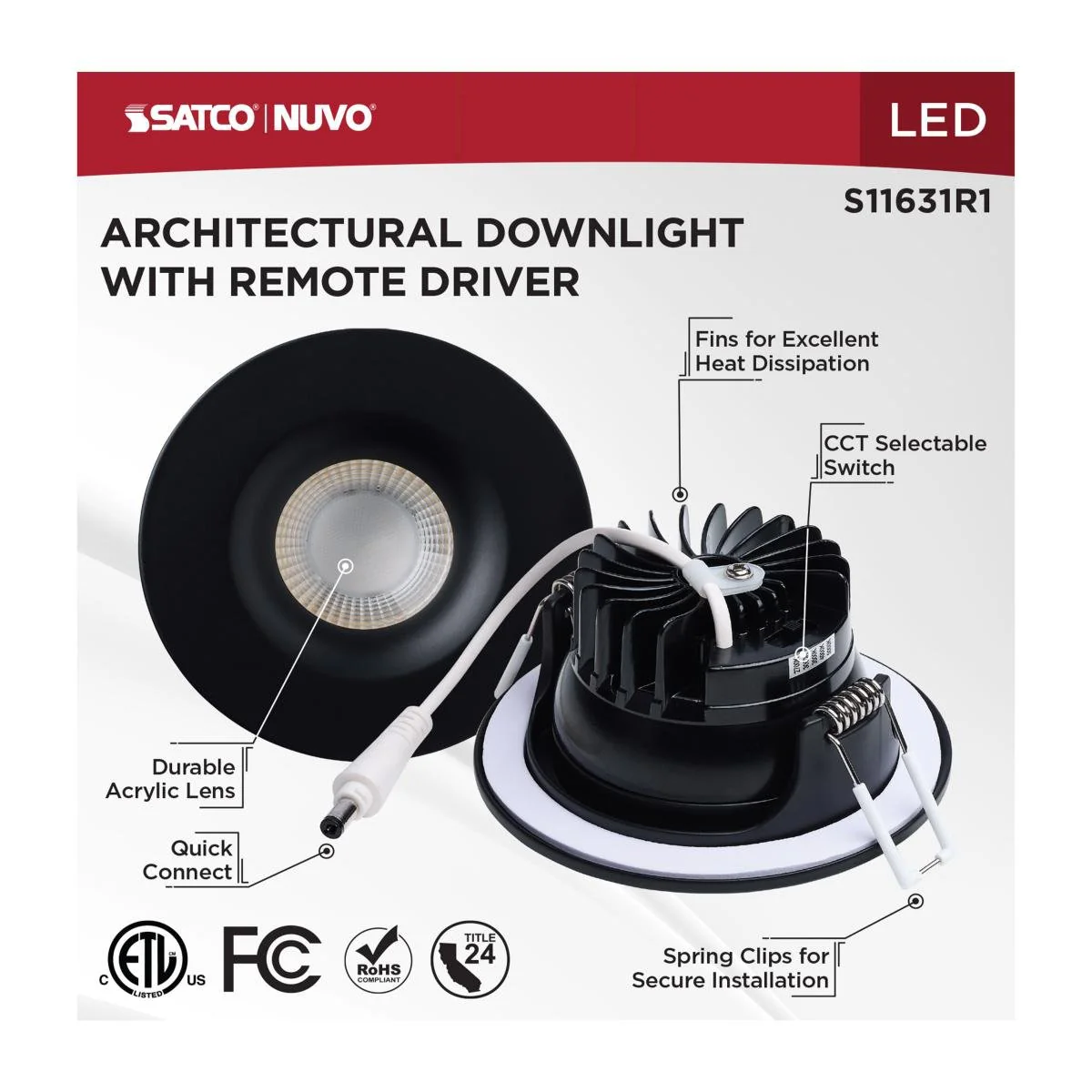 Black LED 3.5 Inch 10 Watt Canless Downlight; Remote Driver; CCT Selectable; Round - Image 3