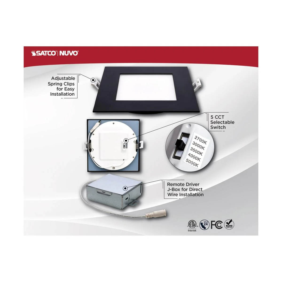 Black Square 12 Watt LED Low Profile Downlight; 6 Inch; CCT Selectable - Image 3
