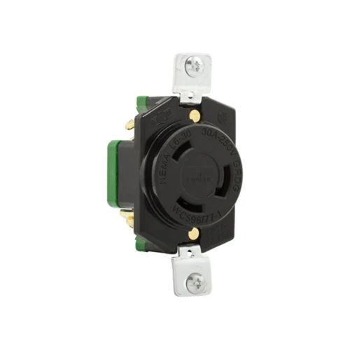 Eaton Locking Receptacle, #14-8 AWG, 30A, Industrial, 250V, Back Wiring, Black, Single, L6-30, Two-Pole, Three-wire,