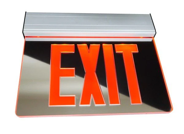 Edge Lit LED Emergency Exit Sign, Mirrored with Red Lettering