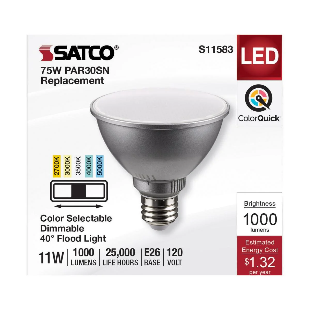 LED 11 Watt PAR30 Short Neck; Silver Finish; CCT Selectable; 40 Degree Beam Angle - Image 3