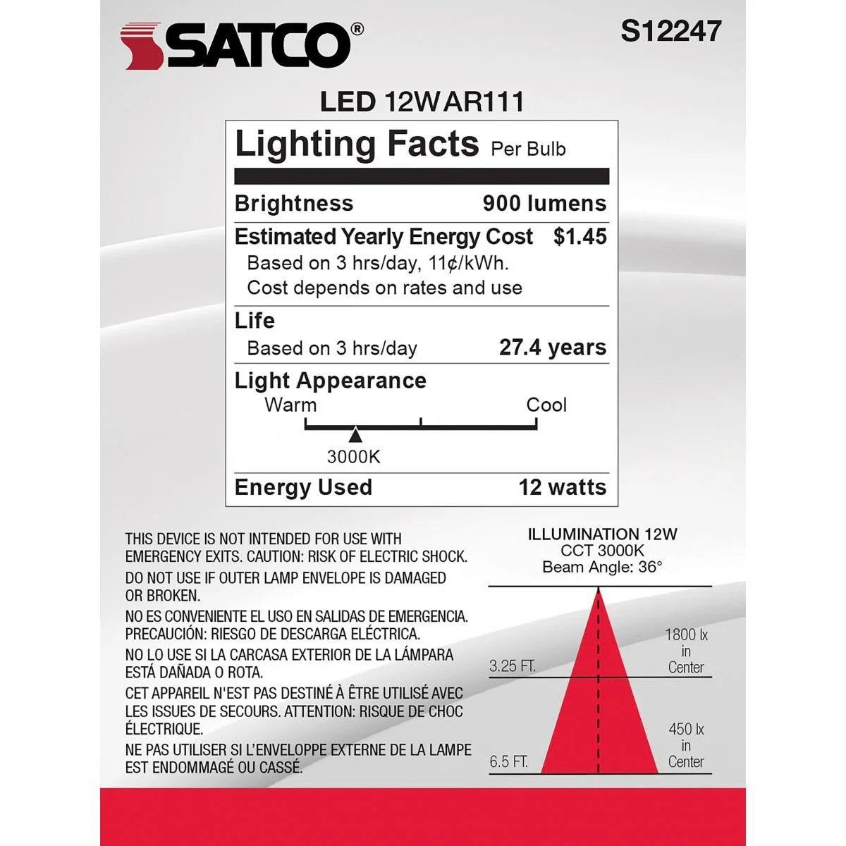 LED 12 Watt AR111; 900 Lumens; G53 Base; 3000K; 12v; 36 Degree - Image 3