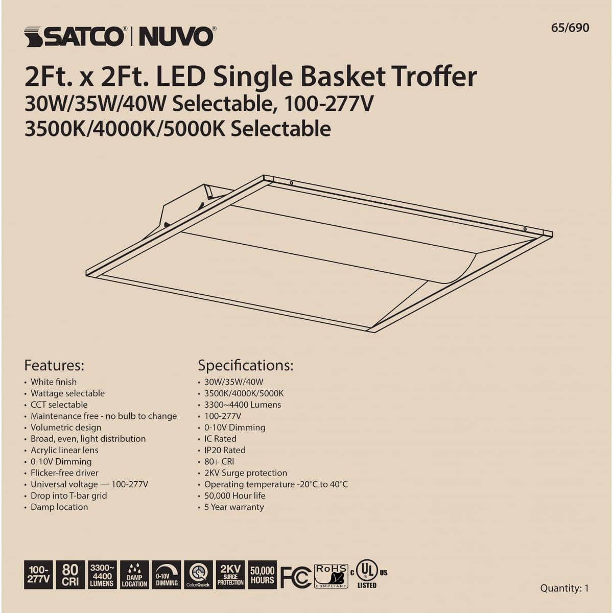 LED 2X2 Single Basket LED Troffer Fixture; Wattage Selectable; CCT Selectable; Lumens Selectable; 100-277V - Image 4