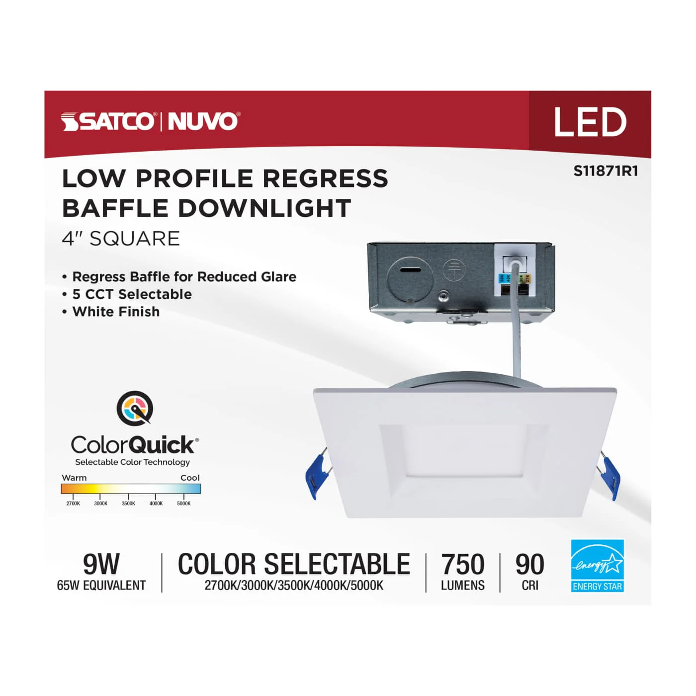 LED 4 Inch Square 9 Watt LED Direct Canless Downlight; Smooth Baffle- CCT - Image 3
