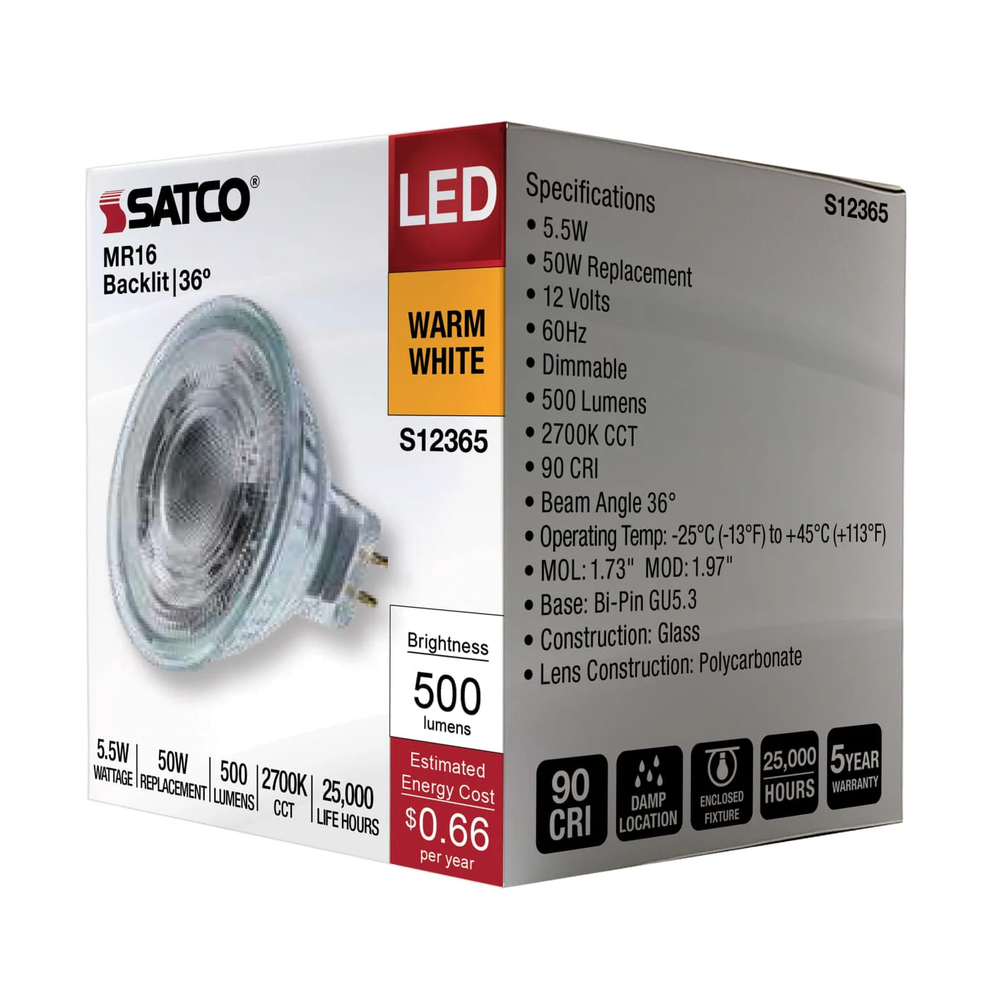 LED 5.5 Watt MR16 Floodlight; 2700K CCT; GU5.3 Base; 12 Volt- 90 CRI - Image 3