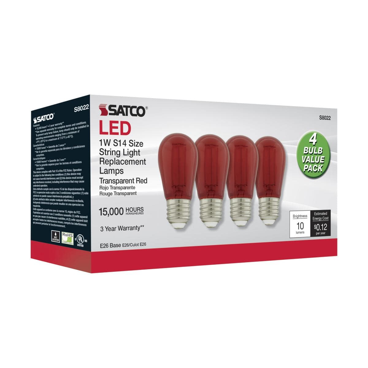 LED Red 1 Watt S14 LED Filament; Glass Bulb; E26 Base; 120 Volt; Non-Dimmable; Pack of 4 - Image 2