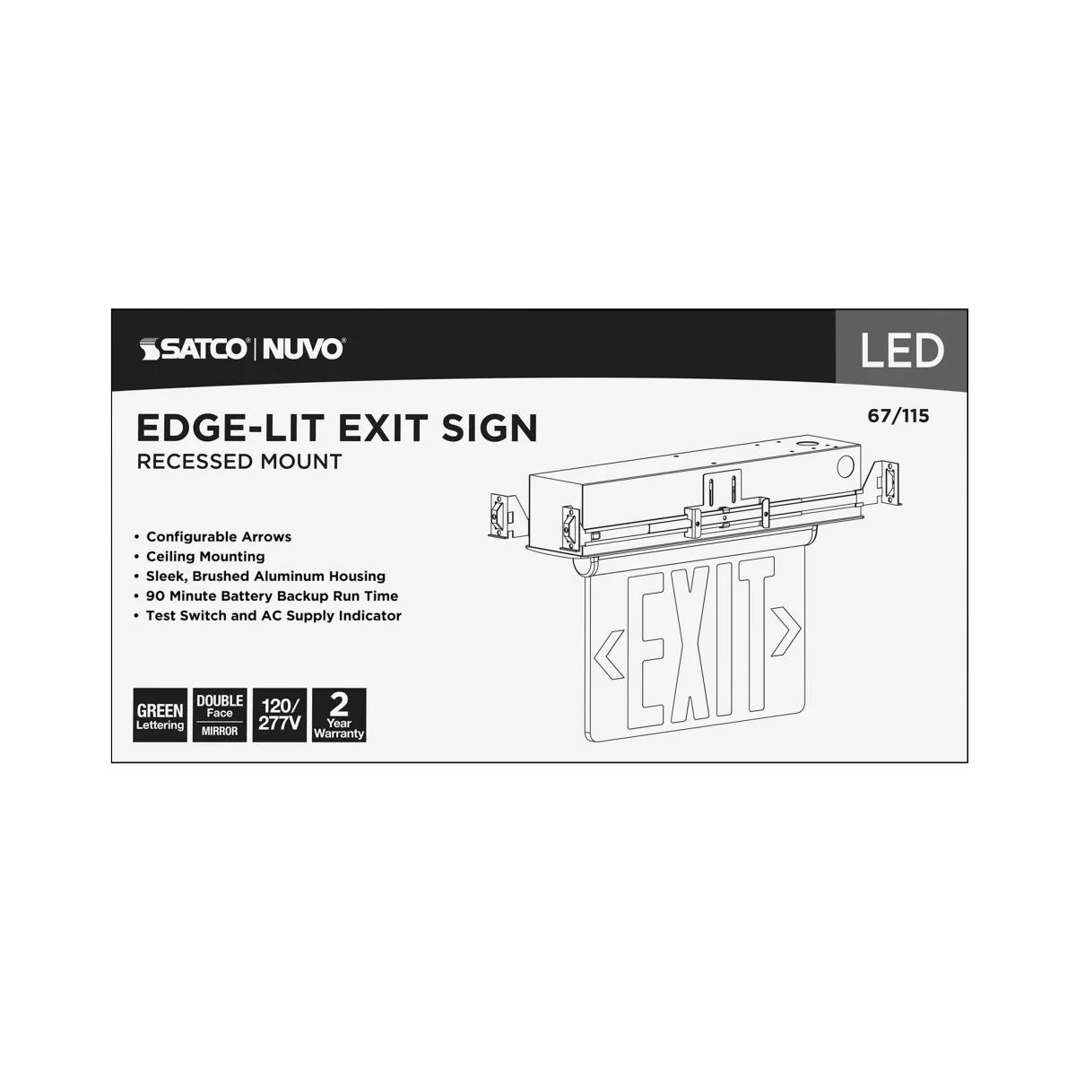 Recessed Green (Mirror) Edge Lit LED Exit Sign; 2.94 Watts; Dual Face; 120V/277V - Image 5