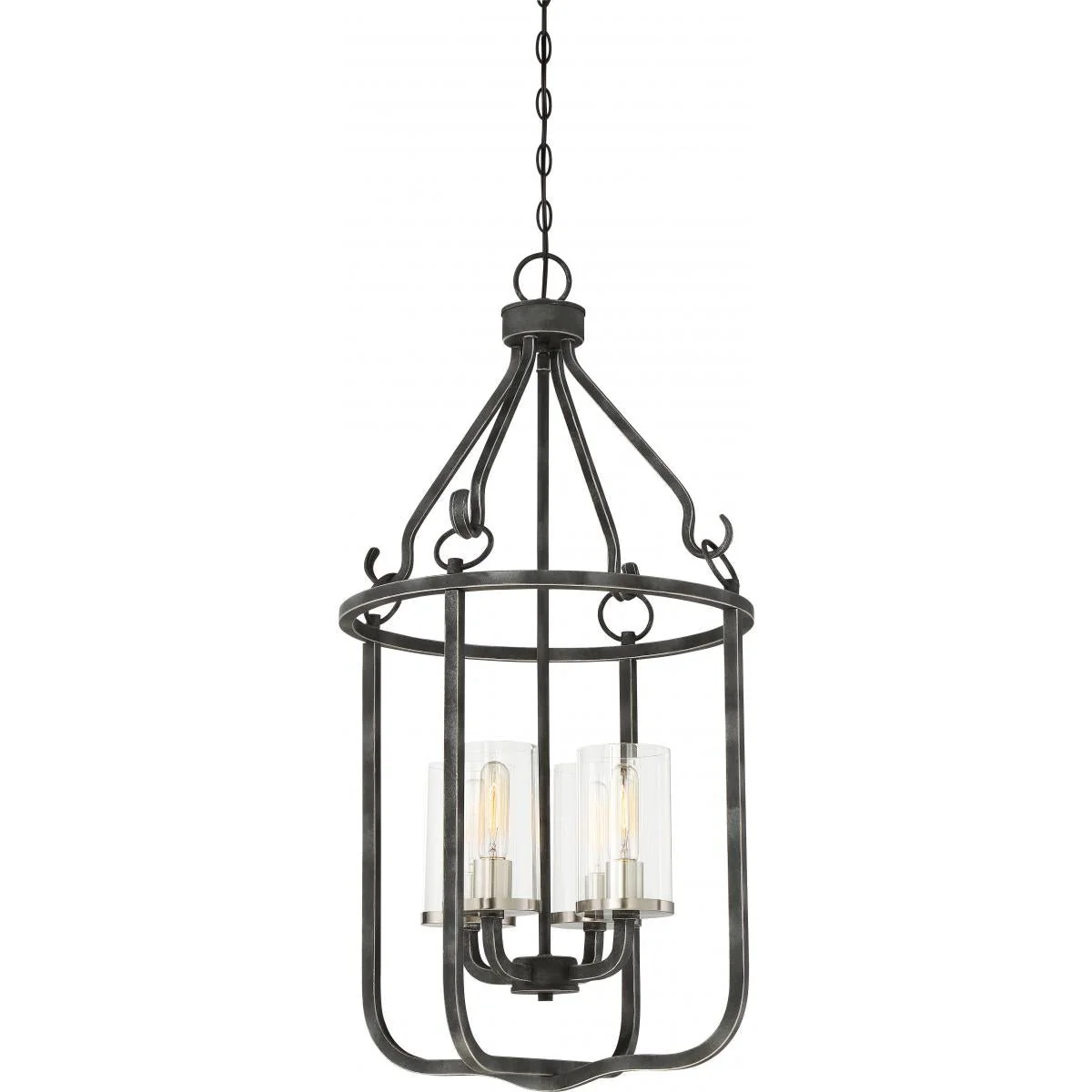 Sherwood - 4 Light Caged Pendant with Clear Glass -Iron Black Finish with Brushed Nickel Accents