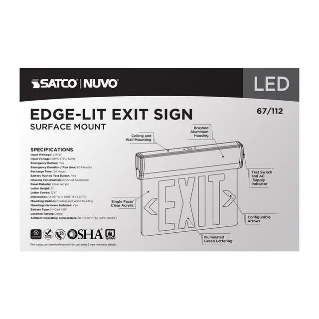 Single Face Green (Clear) EdgeLit LED Exit Sign, 90min Ni-Cad backup, Top/Back/End Mount - Image 3