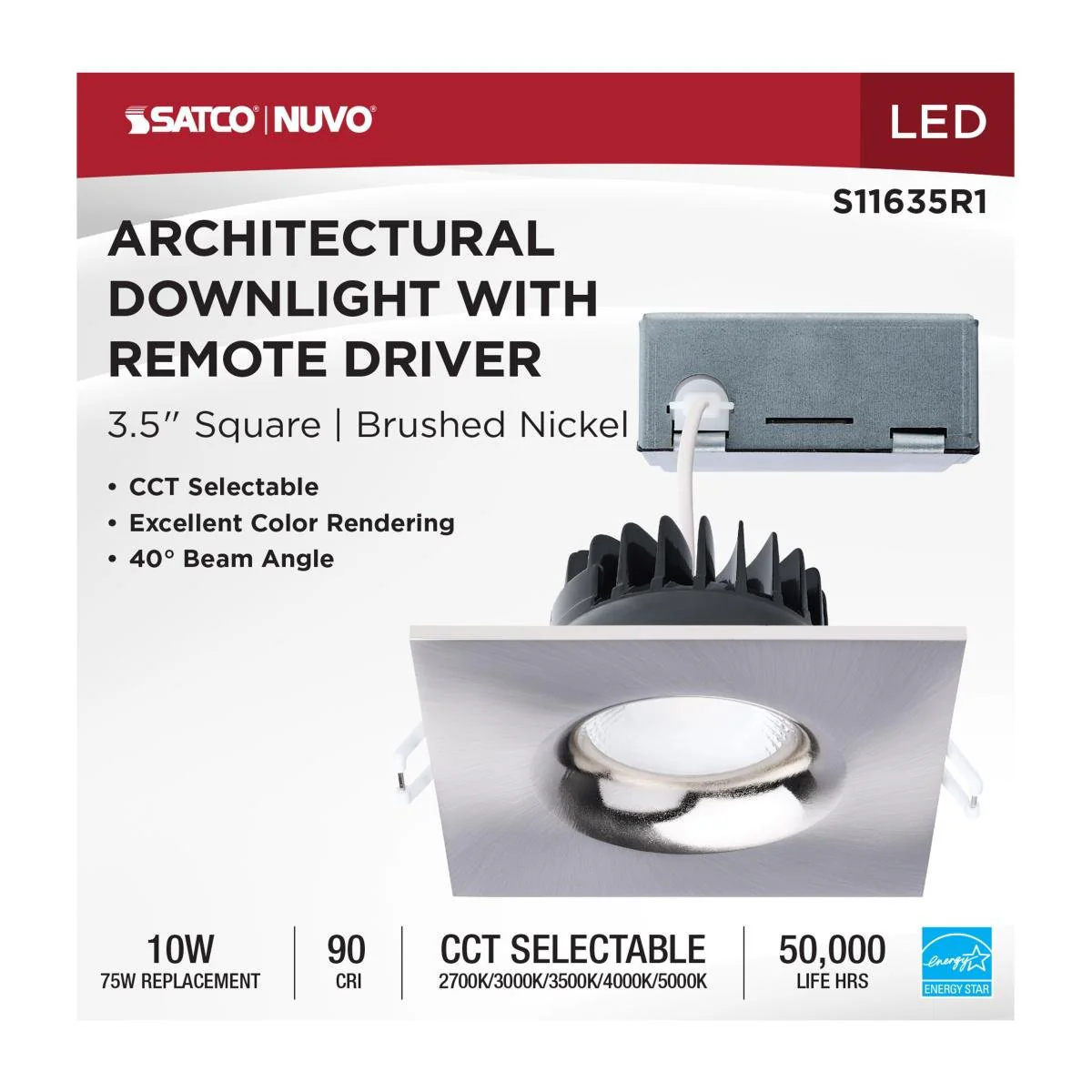 Square Brushed Nickel 10 Watt- 4IN LED Direct Wire Downlight; Remote Driver; CCT - Image 3