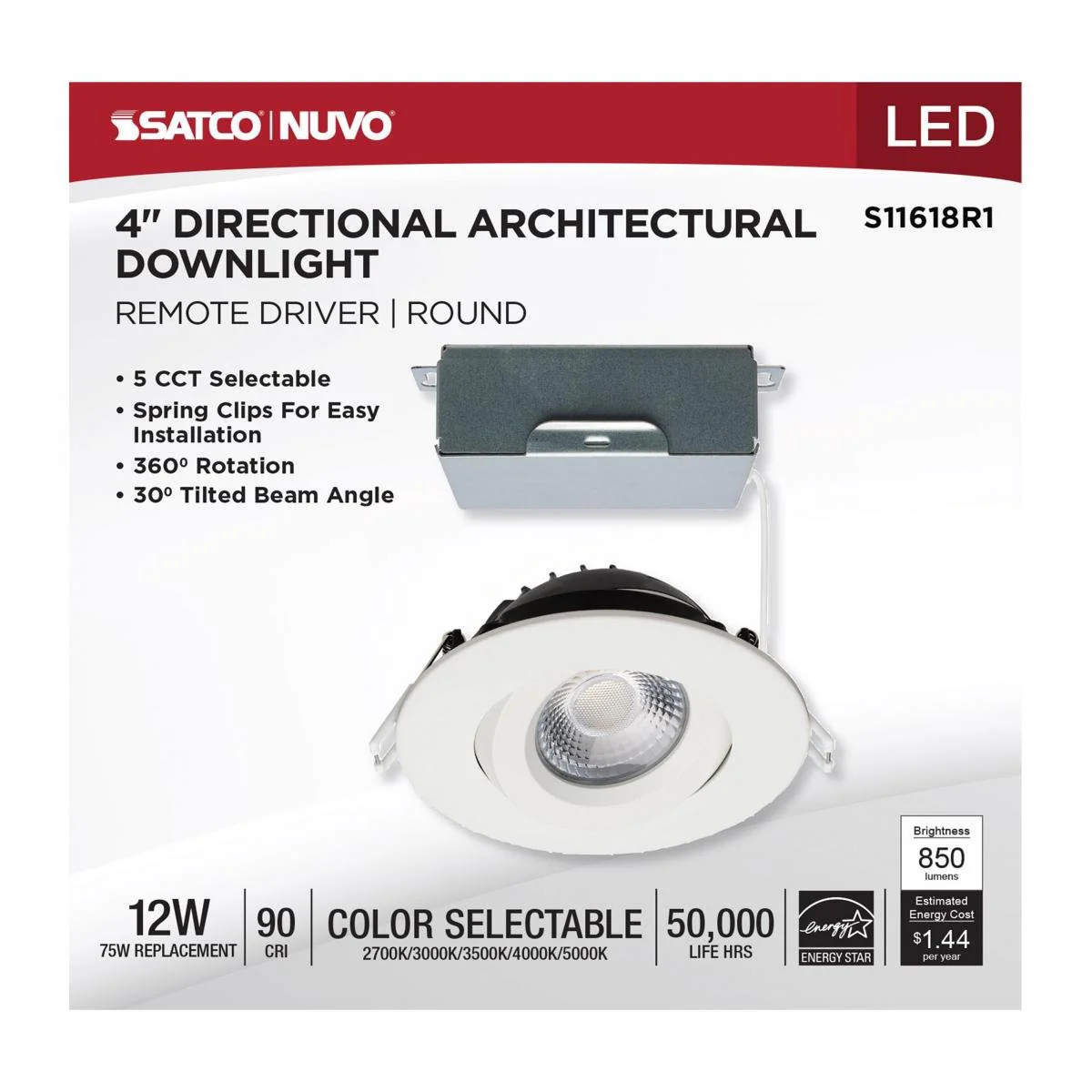 White 12 Watt LED Direct Wire Downlight; Gimbaled; 4 Inch; CCT Selectable - Image 3