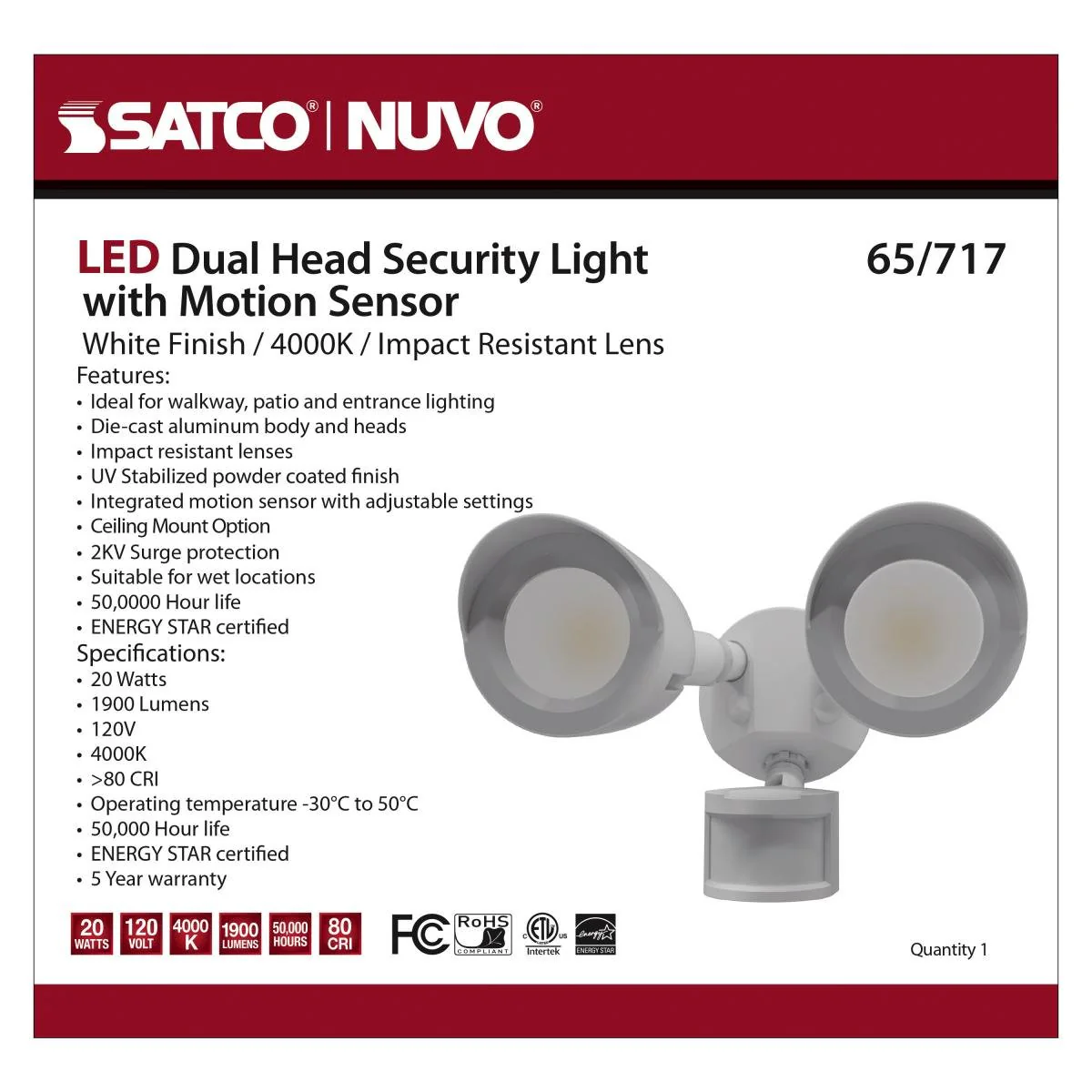 White LED Security Light; Dual Head; Motion Sensor Included - Image 3